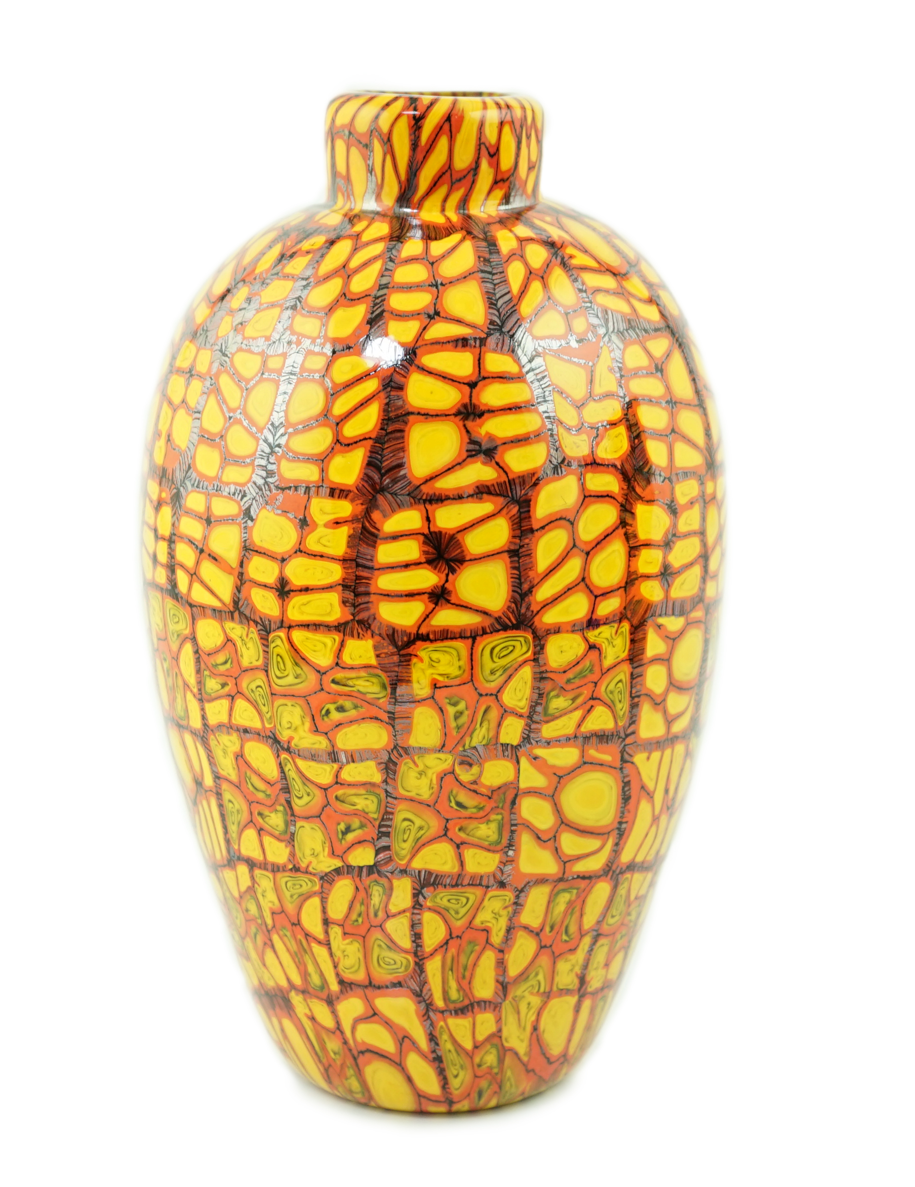Vittorio Ferro (1932-2012) A Murano glass Murrine vase, in orange, red and black, signed, 26cm, Please note this lot attracts an additional import tax of 20% on the hammer price